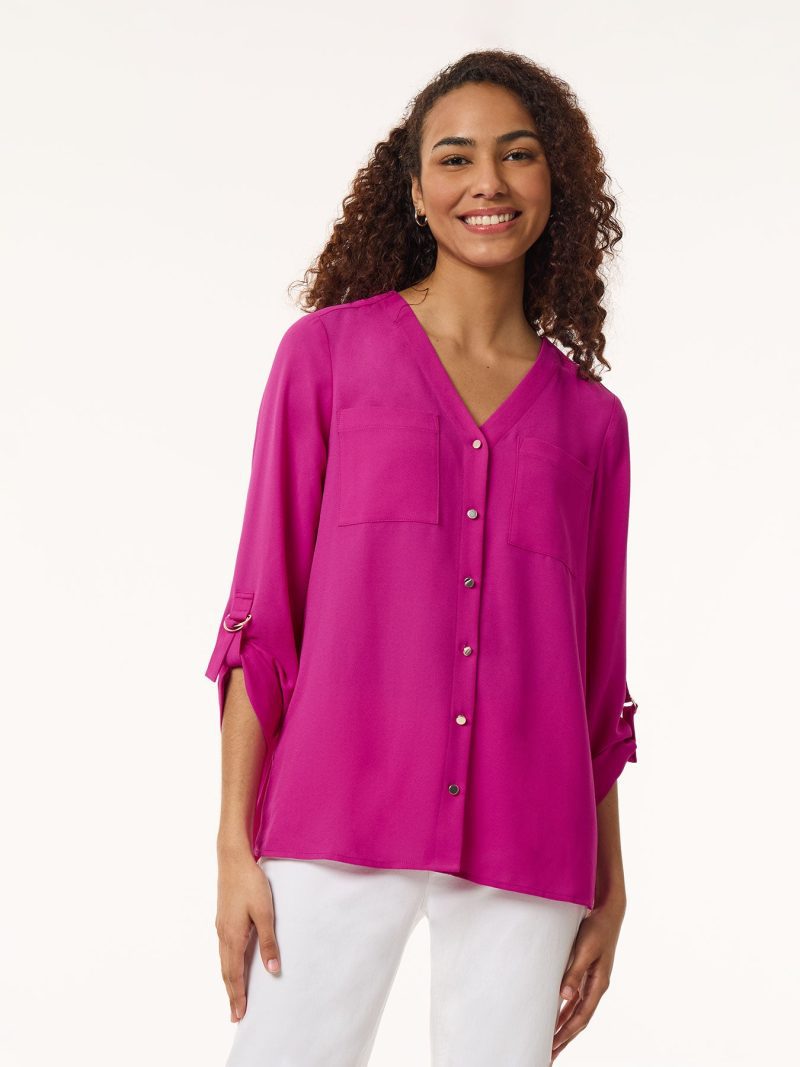 Jasper Crepe Collarless Tunic in the Color Bright Orchid | Jones New York