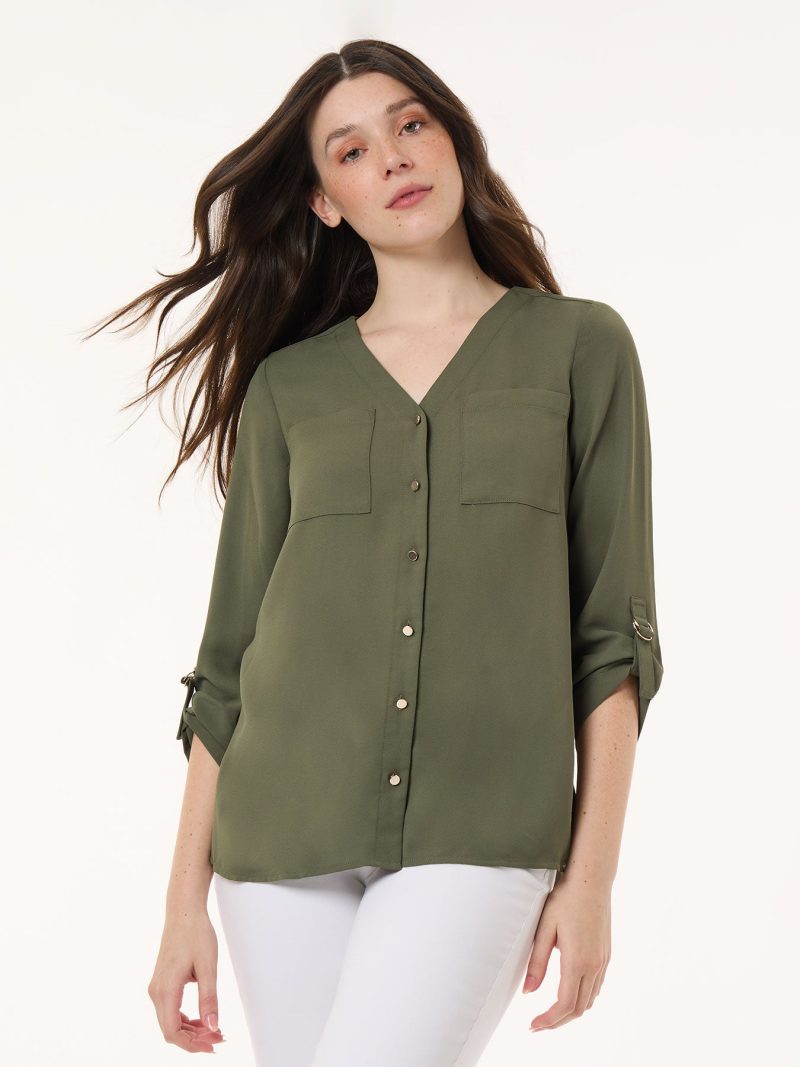 Jasper Crepe Collarless Tunic in the Color Jasper Green | Jones New York