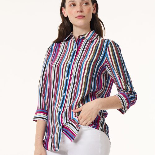 Striped Button Front Collared Shirt, Crepe de Chine in the Color Jones Black/Bright Orchid Multi | Jones New York