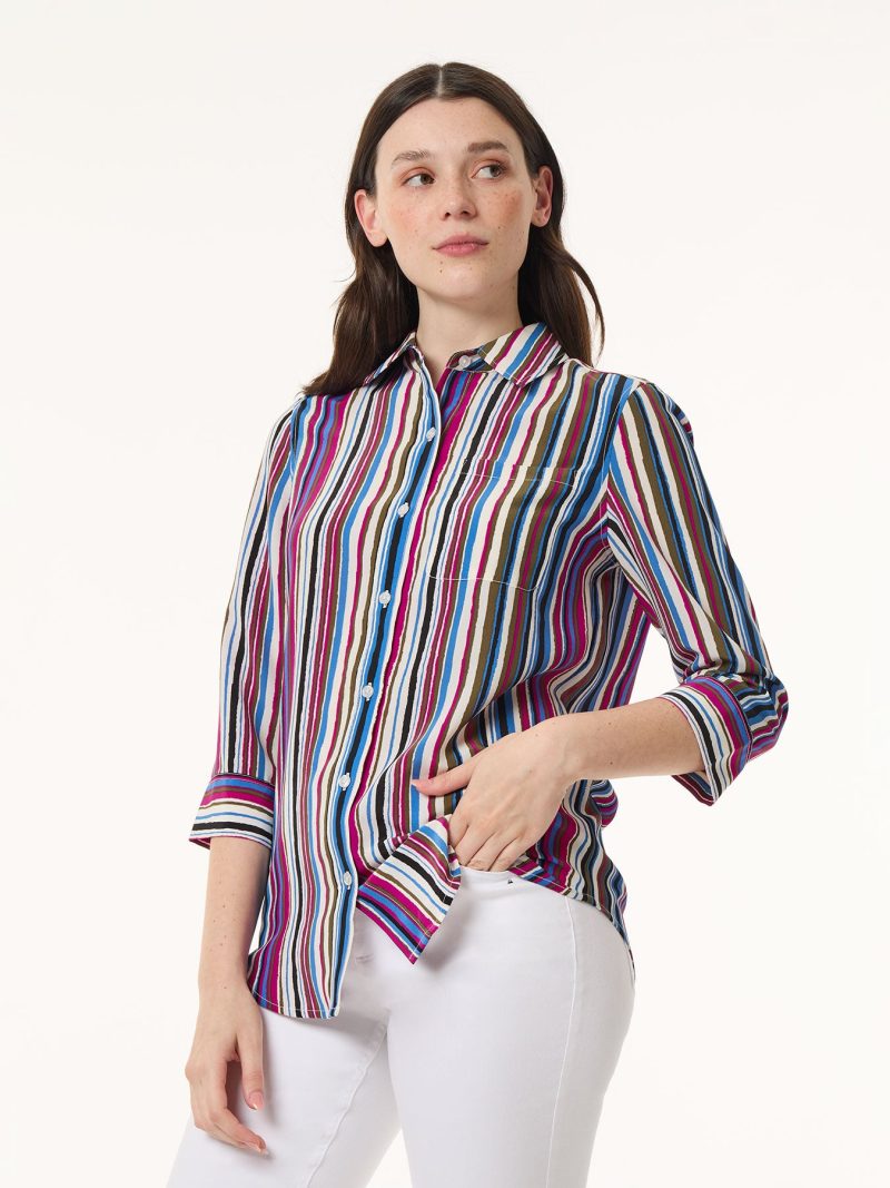 Striped Button Front Collared Shirt, Crepe de Chine in the Color Jones Black/Bright Orchid Multi | Jones New York