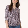 Printed V-Neck Kelly Blouse, Moss Crepe in the Color Pacific Navy Multi | Jones New York