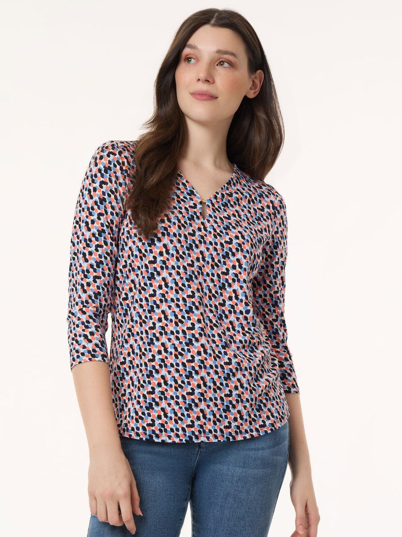 Printed V-Neck Kelly Blouse, Moss Crepe in the Color Pacific Navy Multi | Jones New York