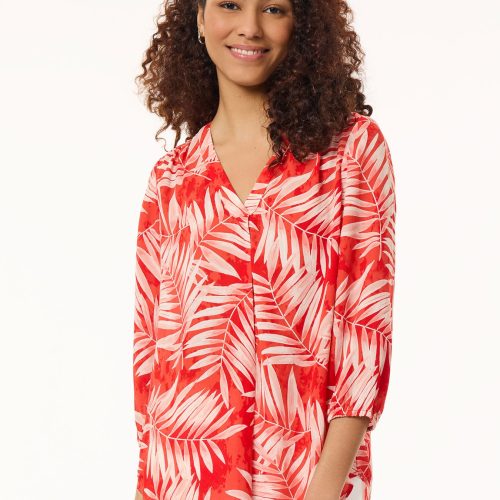 Printed V-Neck Pleated Kelly Blouse, Crepe De Chine in the Color Coral Sun Multi | Jones New York