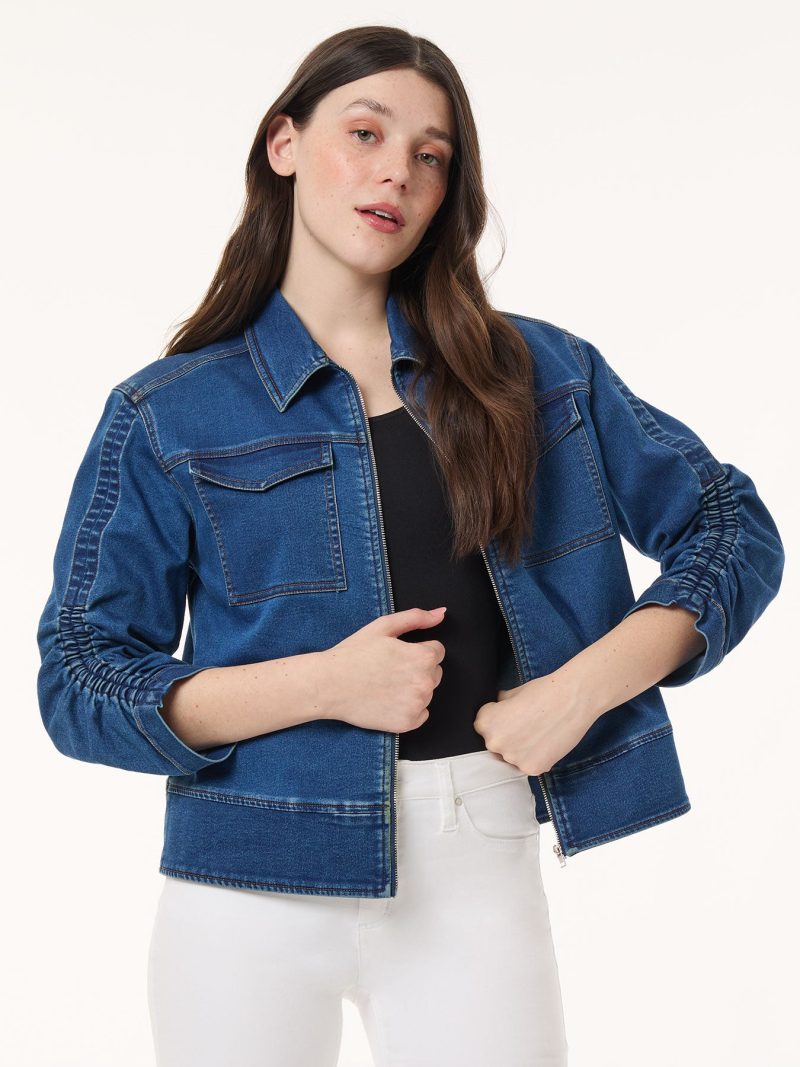 Petite Shirred Sleeve Denim Jacket, City Denim in the Color Shore Wash | Jones New York