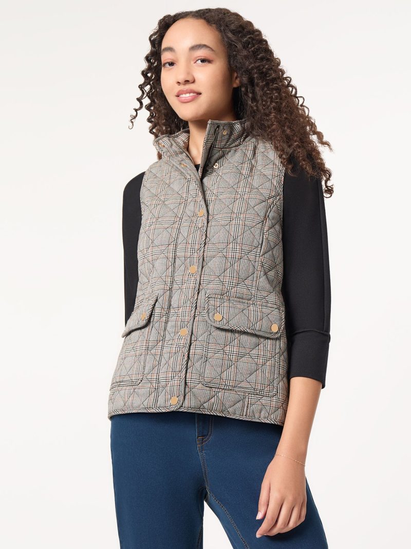 Plaid Quilted Puffer Vest in the Color Caramel Multi | Jones New York