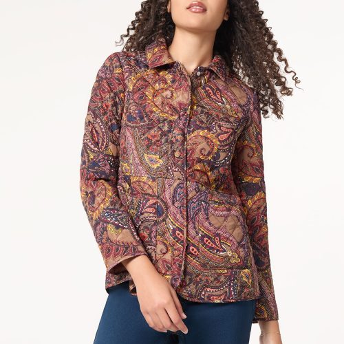 Petite Printed Quilted Jacket in the Color Caramel Multi | Jones New York