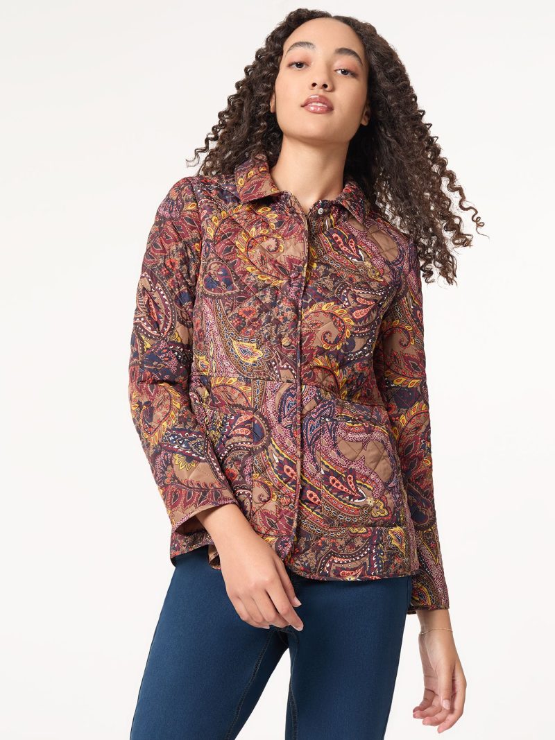 Petite Printed Quilted Jacket in the Color Caramel Multi | Jones New York