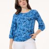 Printed Puff Sleeve Top, Moss Crepe in the Color Blue Lagoon Multi | Jones New York