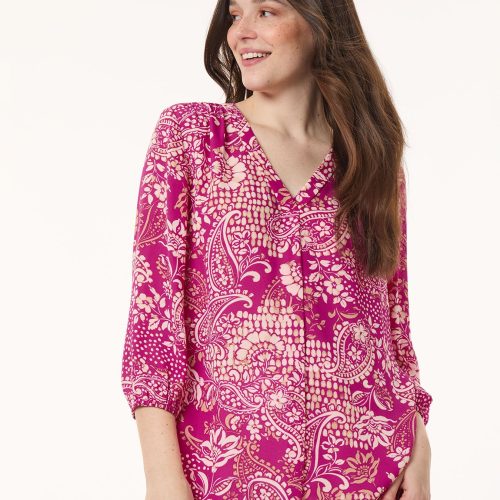 Printed V-Neck Pleated Kelly Blouse, Crepe De Chine in the Color Bright Orchid/Beigestone Multi | Jones New York