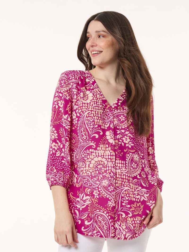 Printed V-Neck Pleated Kelly Blouse, Crepe De Chine in the Color Bright Orchid/Beigestone Multi | Jones New York