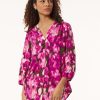 Printed V-Neck Pleated Kelly Blouse, Crepe De Chine in the Color Bright Orchid Multi | Jones New York