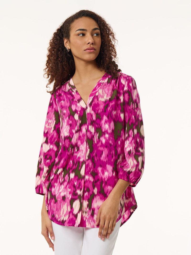 Printed V-Neck Pleated Kelly Blouse, Crepe De Chine in the Color Bright Orchid Multi | Jones New York