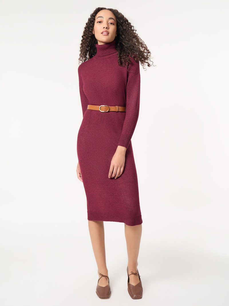 Petite Belted Turtleneck Sweater Dress in the Color Bordeaux | Jones New York