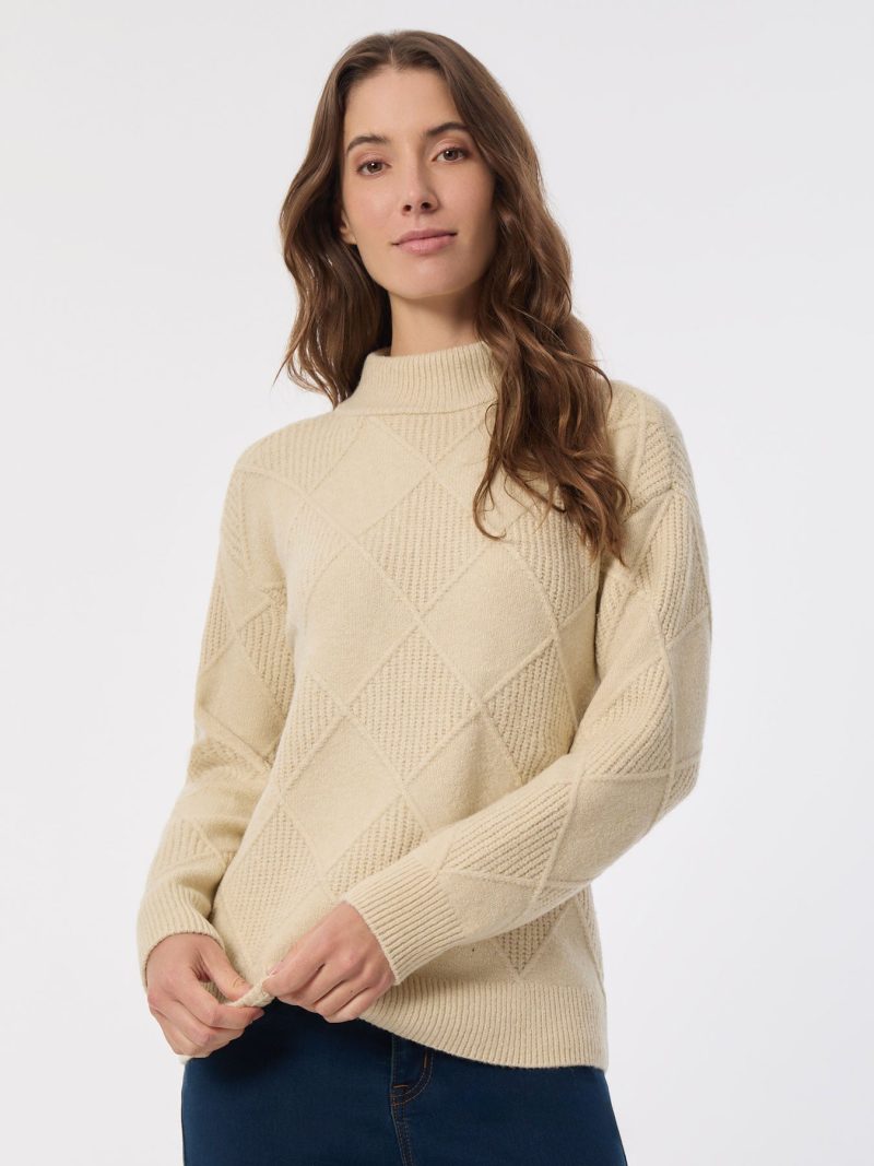 Diamond Stitch Mock Neck Sweater in the Color Oatmeal | Jones New York