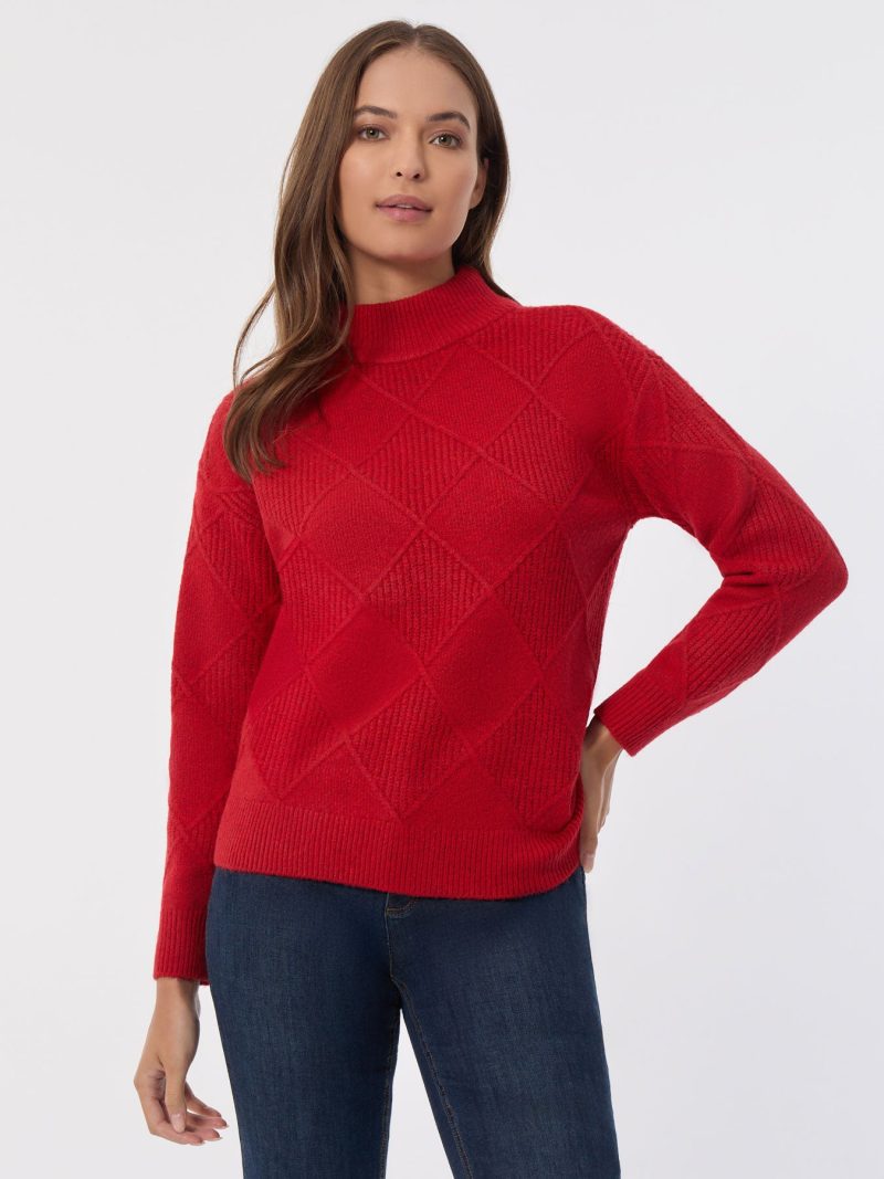 Diamond Stitch Mock Neck Sweater in the Color Deep Rouge | Jones New York