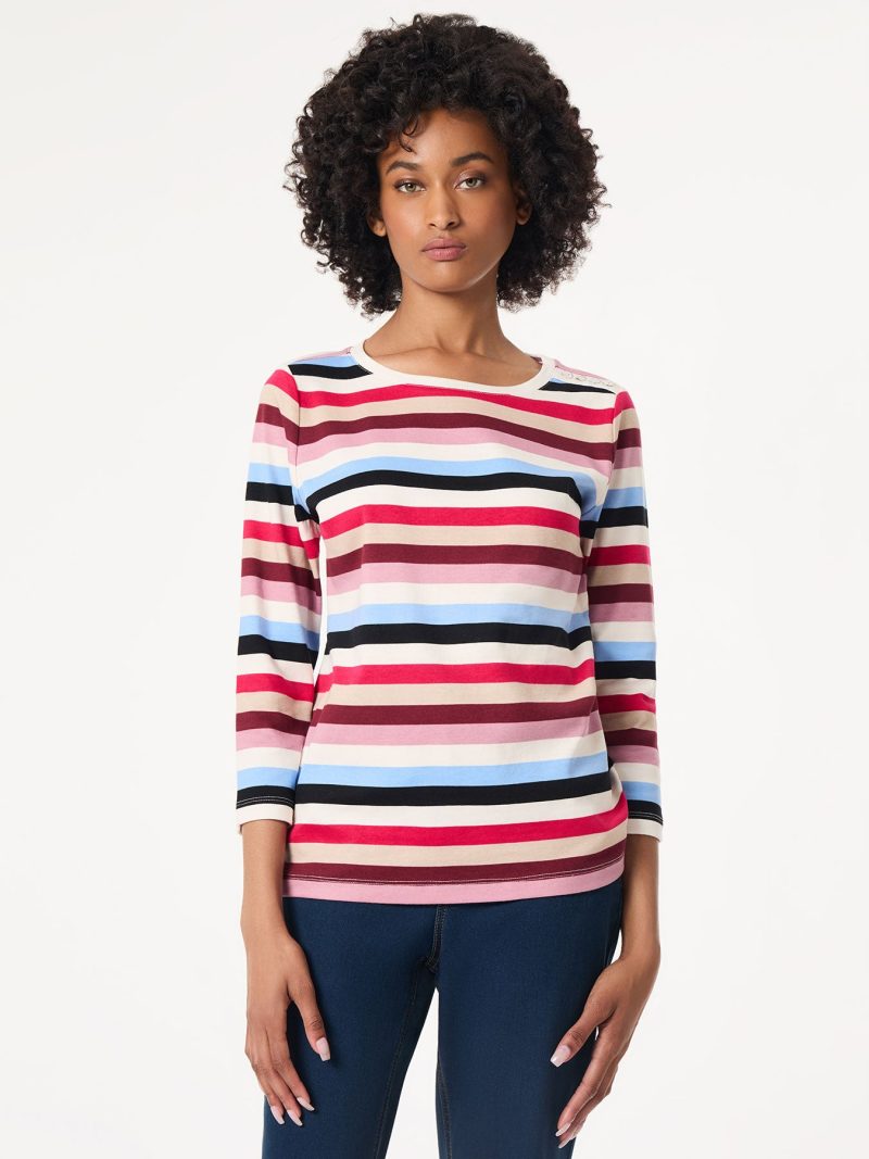 Striped 3/4 Sleeve Button Shoulder Tee in the Color Jones White Multi | Jones New York