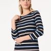 Striped 3/4 Sleeve Button Shoulder Tee in the Color Jones Black/Bluebell Multi | Jones New York