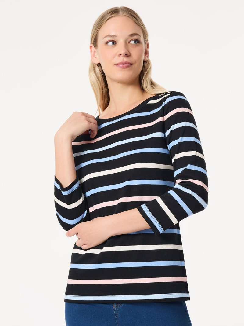 Striped 3/4 Sleeve Button Shoulder Tee in the Color Jones Black/Bluebell Multi | Jones New York