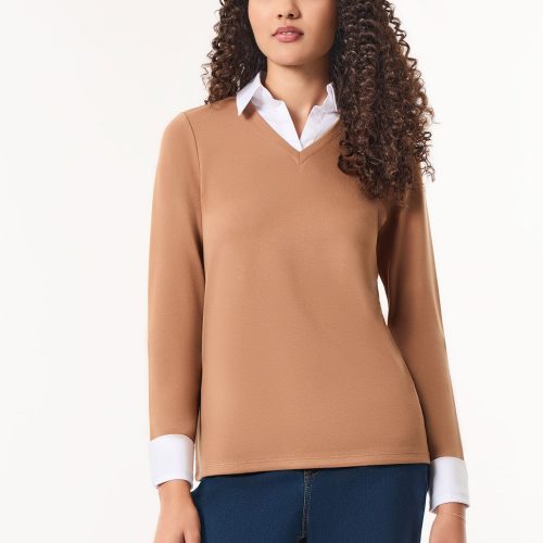 Collared Shirt V-Neck Two-Fer Top in the Color Caramel/Jones White | Jones New York