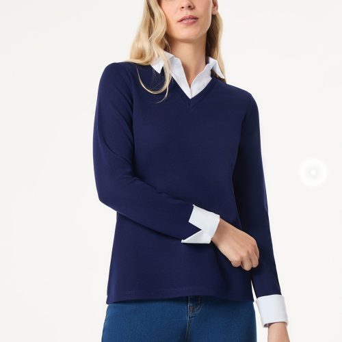 Collared Twofer Layered-Look Top in the Color Pacific Navy/NYC White | Jones New York