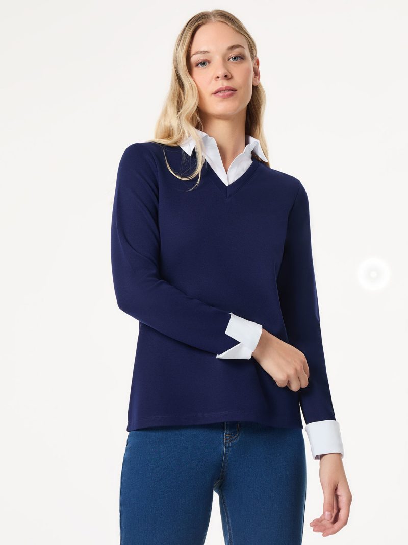 Collared Twofer Layered-Look Top in the Color Pacific Navy/NYC White | Jones New York