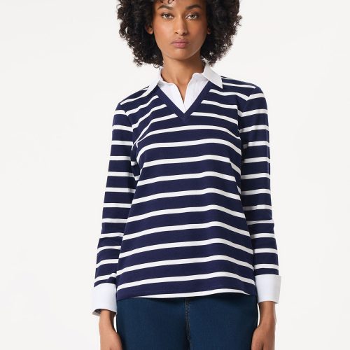 Striped Collared Twofer Layered-Look Top in the Color Pacific Navy/NYC White | Jones New York