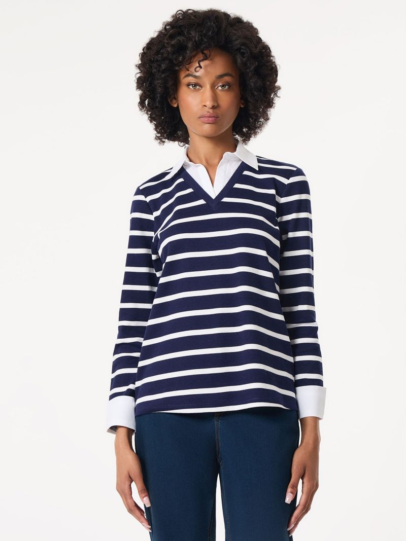 Striped Collared Twofer Layered-Look Top in the Color Pacific Navy/NYC White | Jones New York