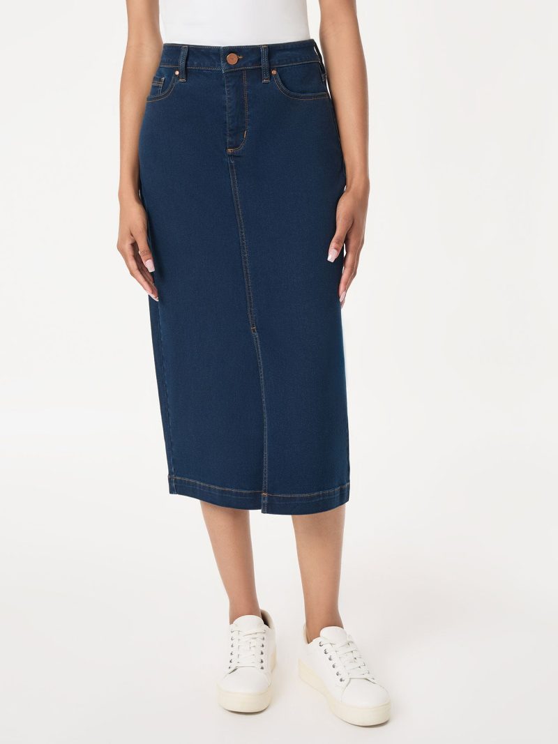 Midi Denim Front Slit Skirt, West Point Wash in the Color West Point Wash | Jones New York