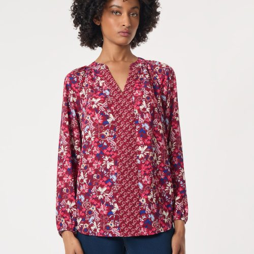 Printed Long Sleeve Raglan Blouse, Crepe De Chine in the Color Bordeaux Multi | Jones New York