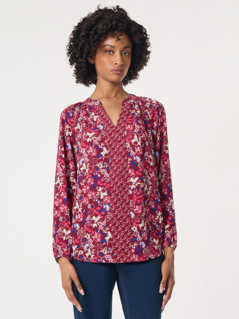 Printed Long Sleeve Raglan Blouse, Crepe De Chine in the Color Bordeaux Multi | Jones New York