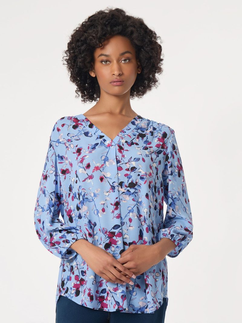 V-Neck Pleated Kelly Blouse, Crepe De Chine in the Color Bluebell Multi | Jones New York