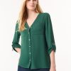 Button-Front Collarless Tunic, Crepe De Chine in the Color Forest Green | Jones New York