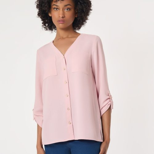 Button-Front Collarless Tunic, Crepe De Chine in the Color Rose | Jones New York