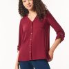 Button-Front Collarless Tunic, Crepe De Chine in the Color Bordeaux | Jones New York