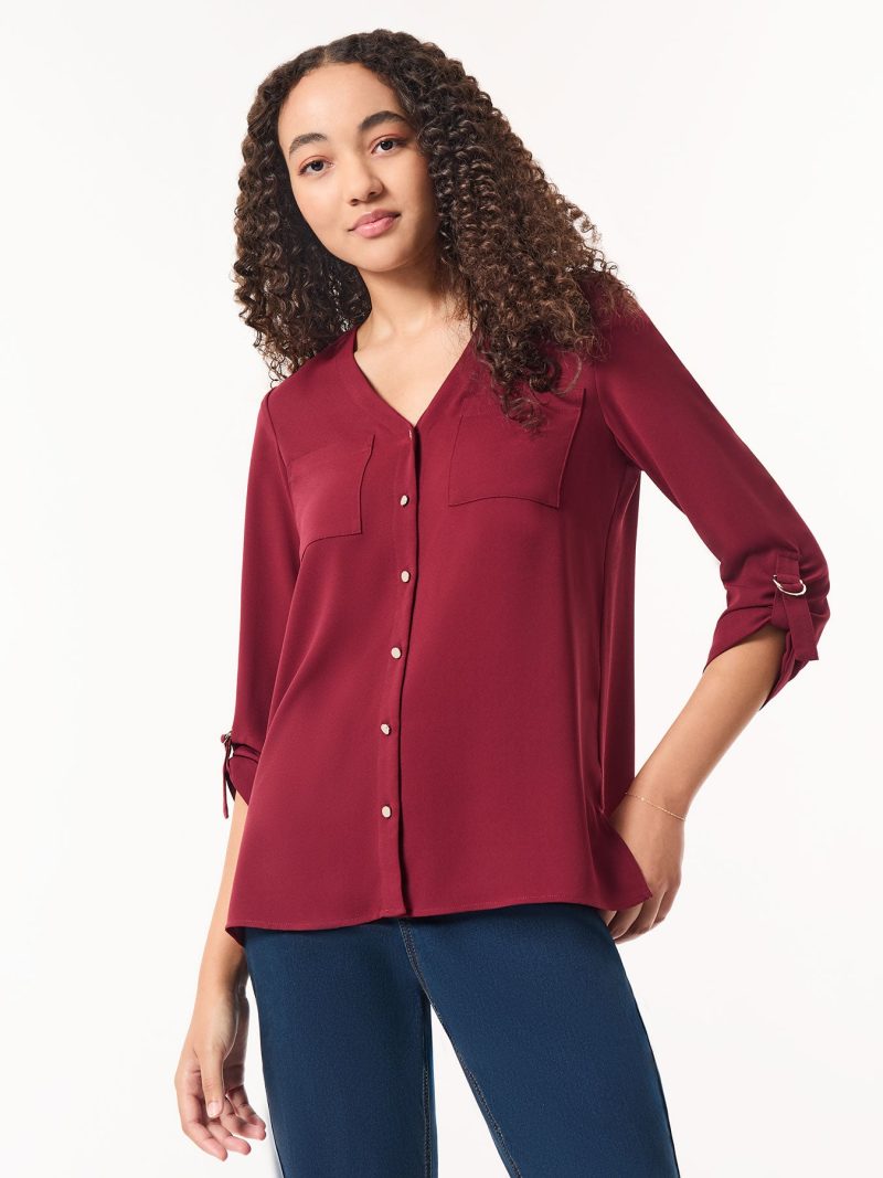 Button-Front Collarless Tunic, Crepe De Chine in the Color Bordeaux | Jones New York