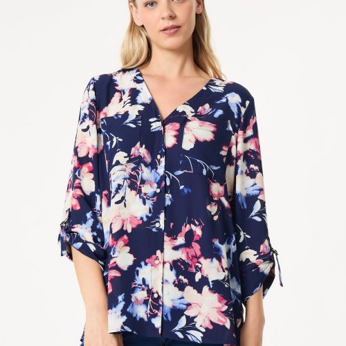 Floral Button-Front Collarless Tunic, Crepe De Chine in the Color Pacific Navy Multi | Jones New York