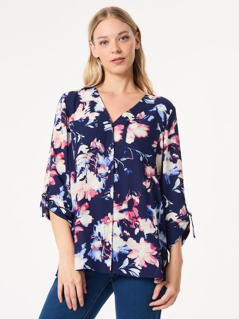 Floral Button-Front Collarless Tunic, Crepe De Chine in the Color Pacific Navy Multi | Jones New York