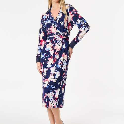 Floral Collared Twist Wrap Midi Dress in the Color Pacific Navy Multi | Jones New York