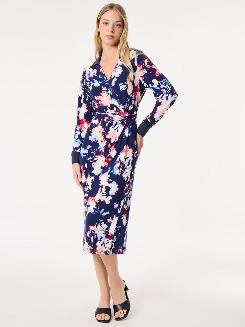 Floral Collared Twist Wrap Midi Dress in the Color Pacific Navy Multi | Jones New York