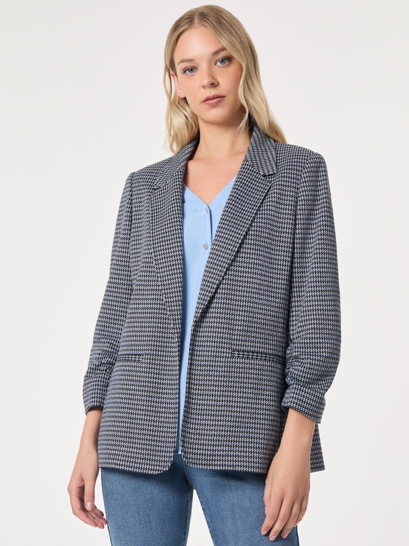 Petite Notch Collar Open Front Houndstooth Jacket in the Color Jones Black Multi | Jones New York