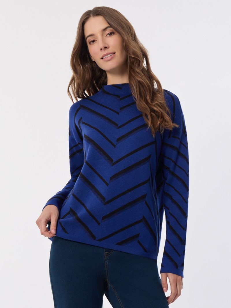 Mock Neck Chevron Jacquard Sweater in the Color Sapphire/Jones Black | Jones New York