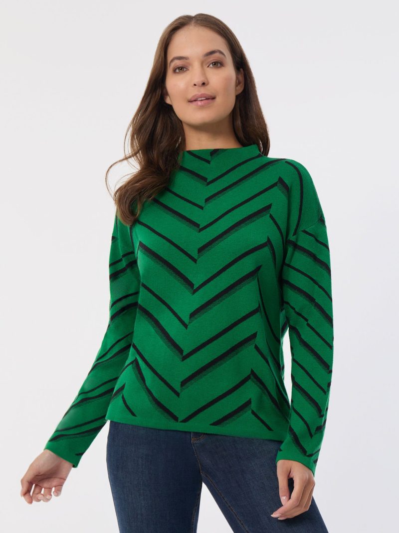 Mock Neck Chevron Jacquard Sweater in the Color Deep Clover/Jones Black | Jones New York