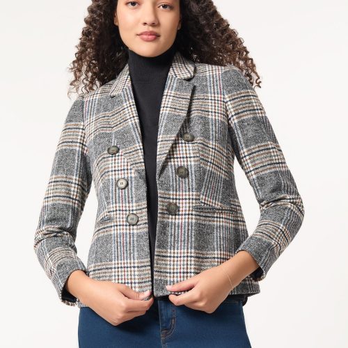 Classic Plaid Double-Breasted Jacket in the Color Pacific Navy Multi | Jones New York