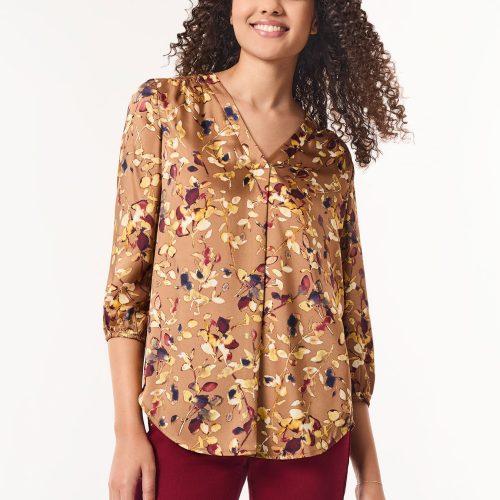 Plus Printed V-Neck Pleated Kelly Blouse in the Color Caramel Multi | Jones New York