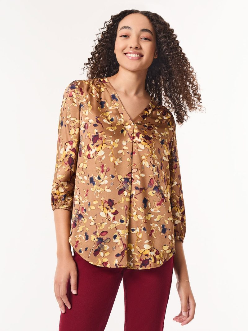 Plus Printed V-Neck Pleated Kelly Blouse in the Color Caramel Multi | Jones New York