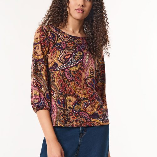 Plus Printed Puff Sleeve Top, Moss Crepe in the Color Caramel Multi | Jones New York