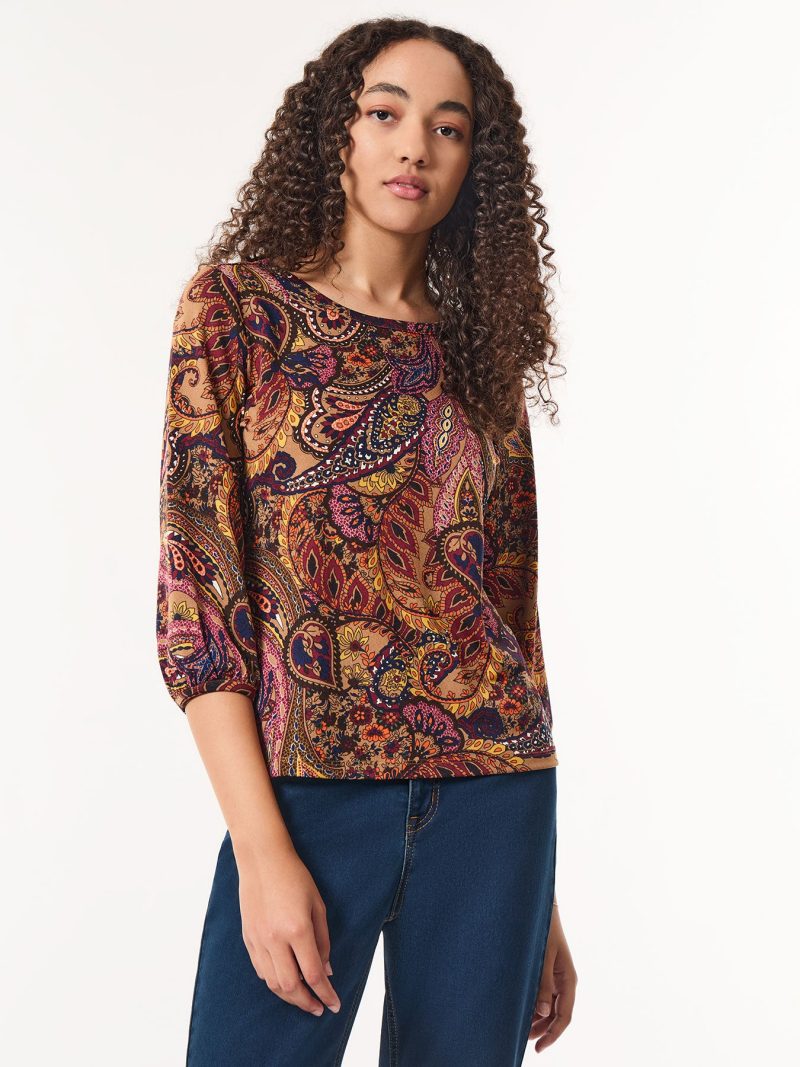 Printed Puff Sleeve Top, Moss Crepe in the Color Caramel Multi | Jones New York