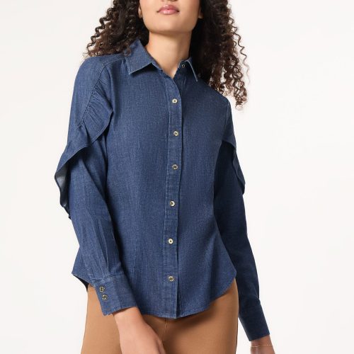 Button-Front Ruffle Sleeve Denim Shirt in the Color Dark Wash | Jones New York