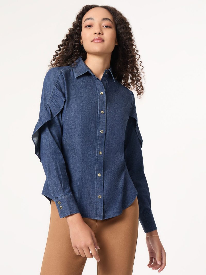 Button-Front Ruffle Sleeve Denim Shirt in the Color Dark Wash | Jones New York