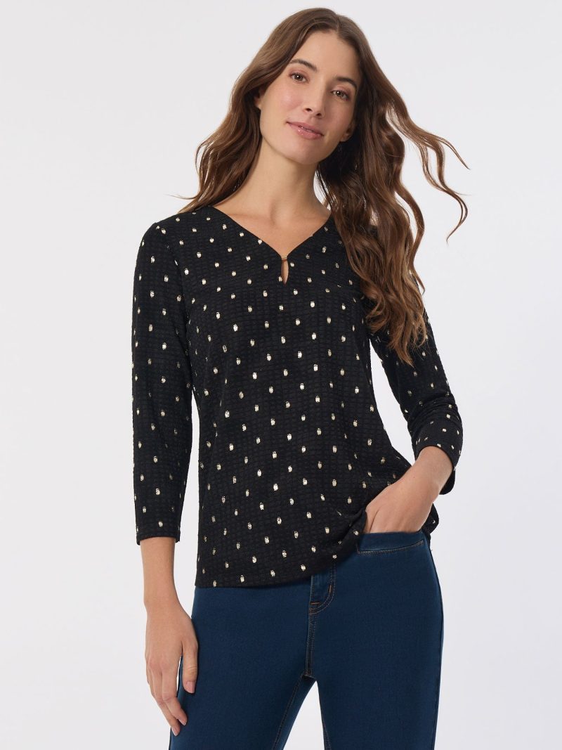 Plus Keyhole Neckline Sparkle Accent Top in the Color Jones Black/Soft Gold | Jones New York